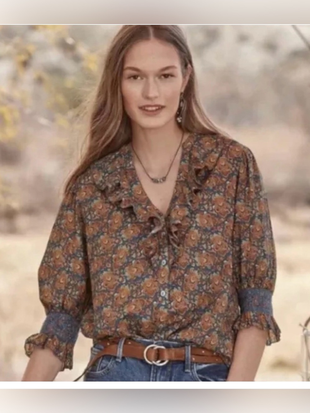 Sundance Jeanie Ruffle Paisley Print Blouse.